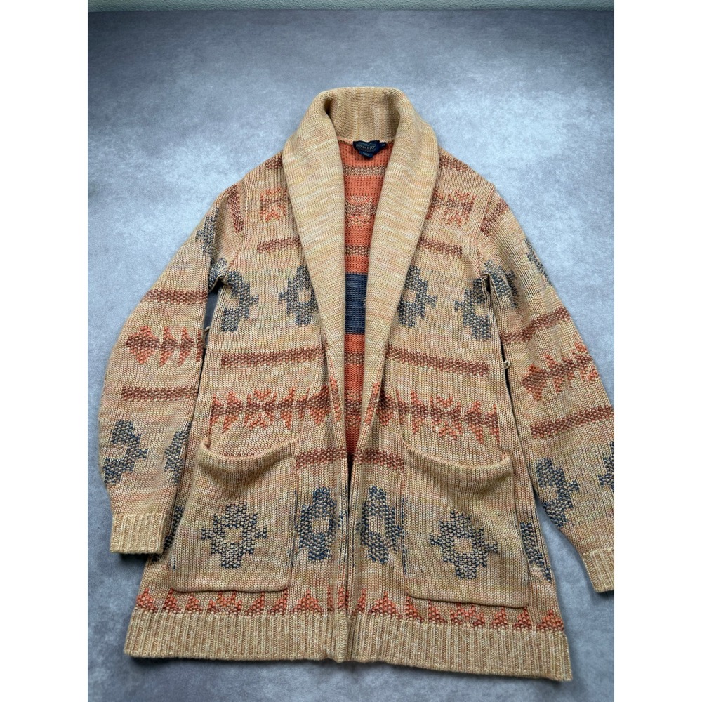Pendleton Womens XS Southwestern Shawl Collar Cardigan Sweater Tan Orange Fall
